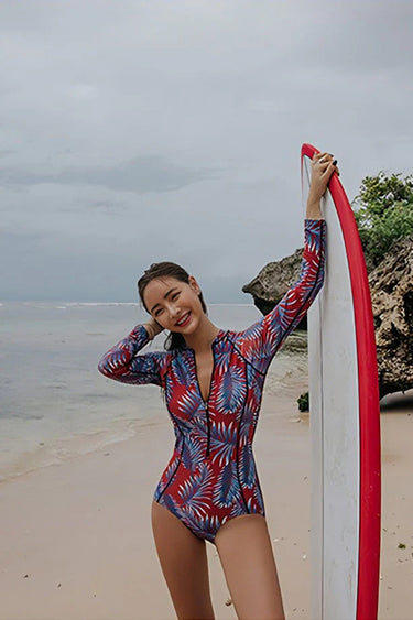 Blue Leaf Print Zip-Up Long Sleeve One-Piece